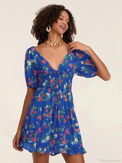 Floral A-Line Mini Puff Short Sleeve Tie-Up Front Flared Vacation Party Dress