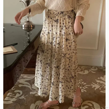 Floral Ditsy Print Elastic Waist Tiered Long Flared Skirt