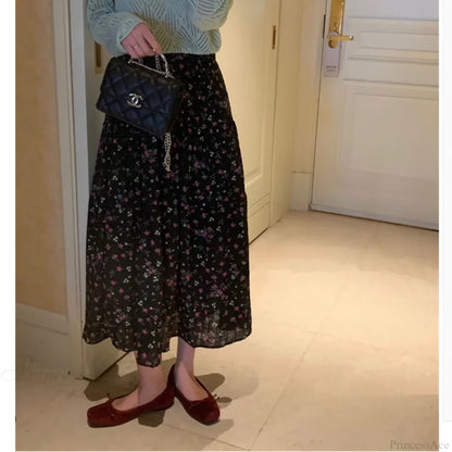 Floral Ditsy Print Elastic Waist Tiered Long Flared Skirt