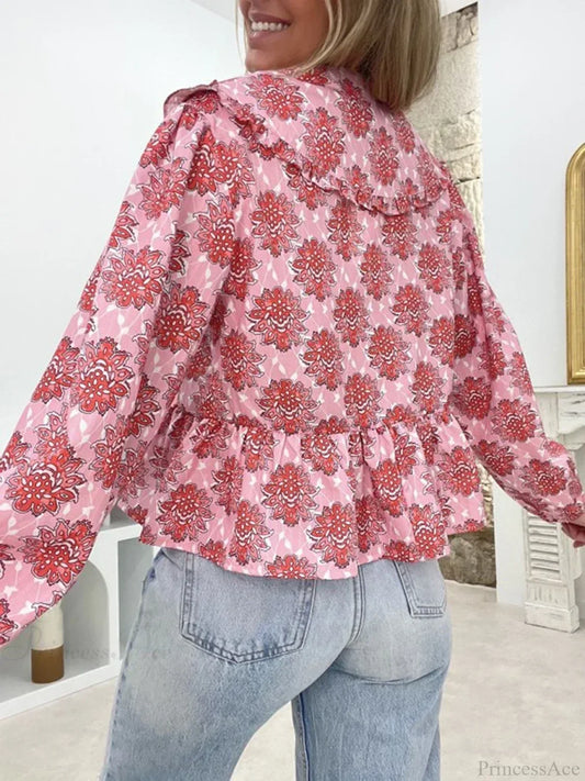 Floral Doll Collar Tie-Up Blouse