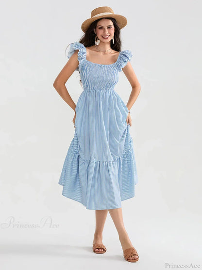 Floral Dot Print Shirred Square Neck Ruffled Flowing Beach Floral Dress