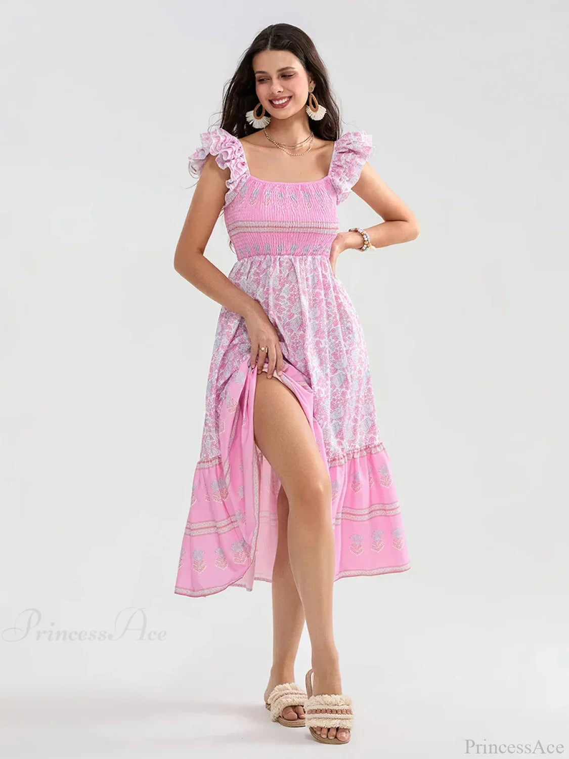 Floral Dot Print Shirred Square Neck Ruffled Flowing Beach Floral Dress
