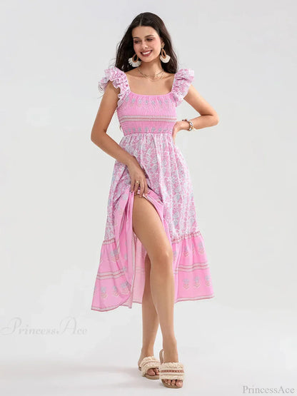 Floral Dot Print Shirred Square Neck Ruffled Flowing Beach Floral Dress
