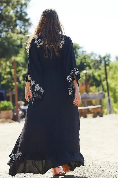 Floral Embroidery Backless Strapless Cotton Boho Dress
