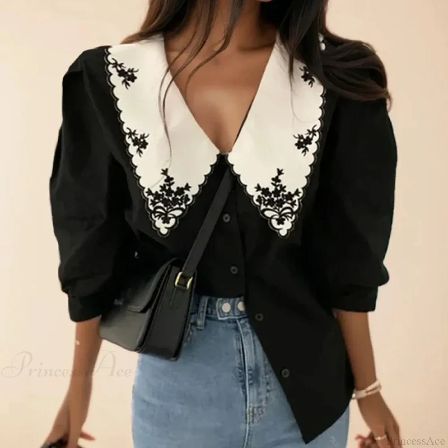 Floral Embroidery Half Sleeve White Vintage Blouse