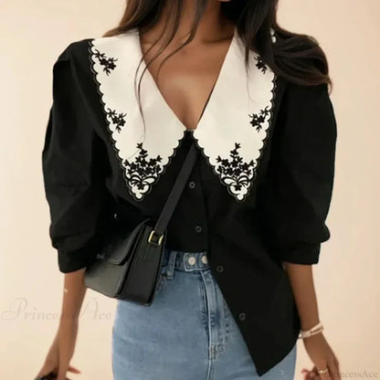 Floral Embroidery Half Sleeve White Vintage Blouse