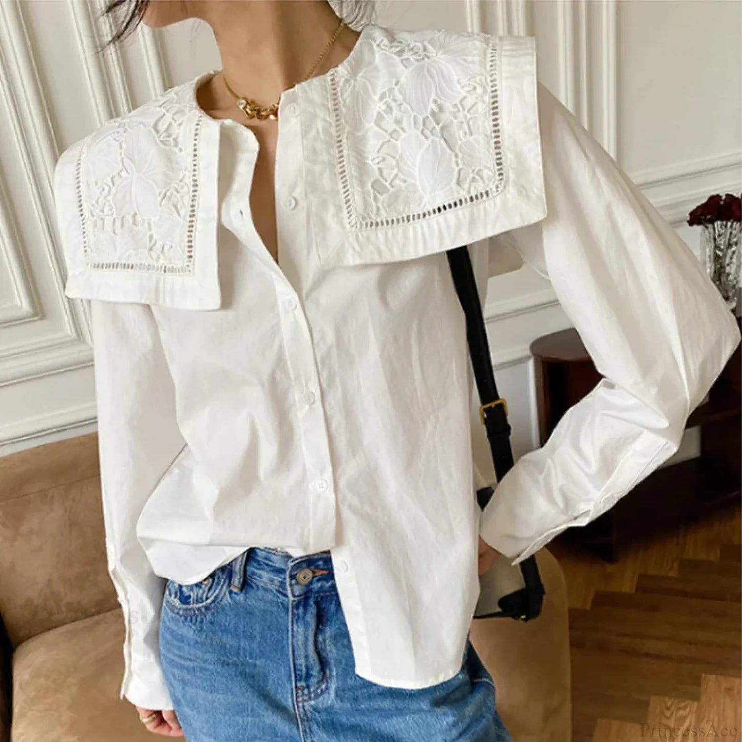 Floral Embroidery Neck Long Sleeve Cotton Boho Blouse