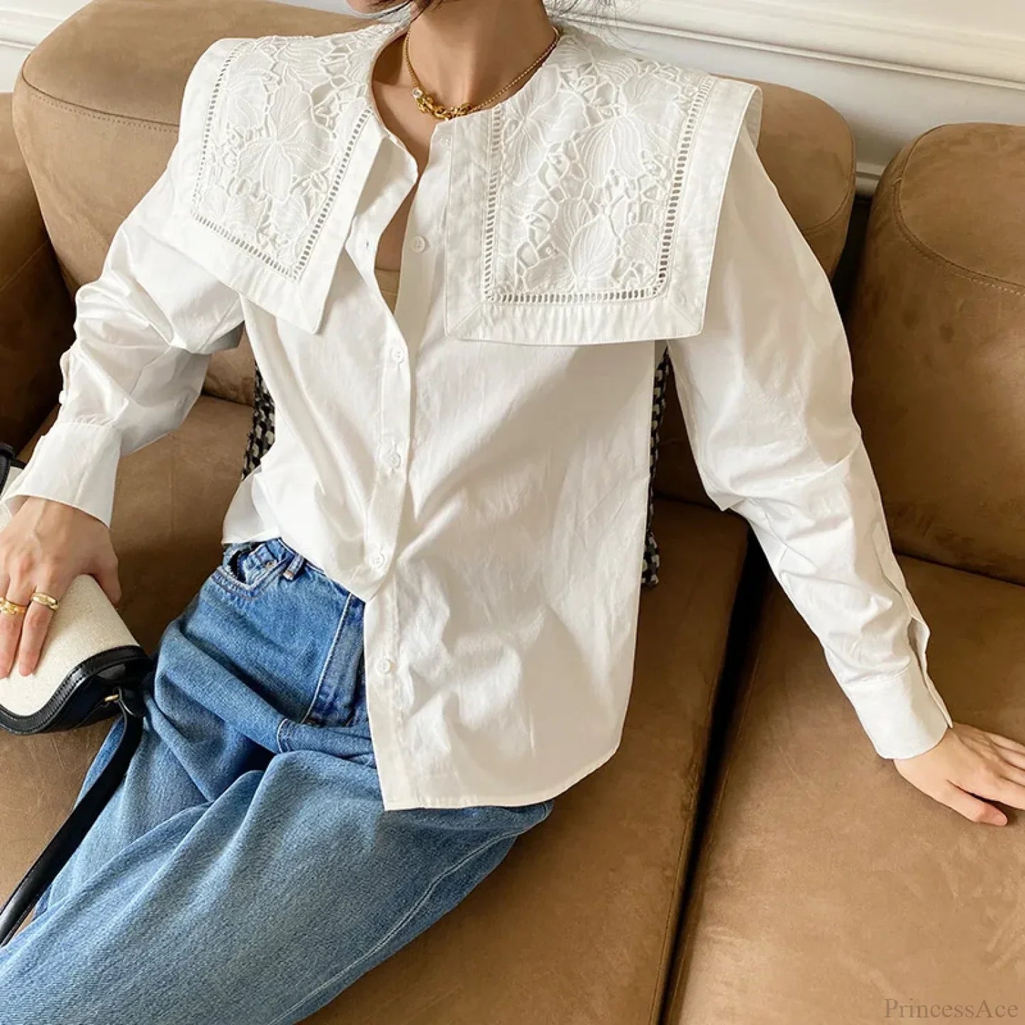 Floral Embroidery Neck Long Sleeve Cotton Boho Blouse