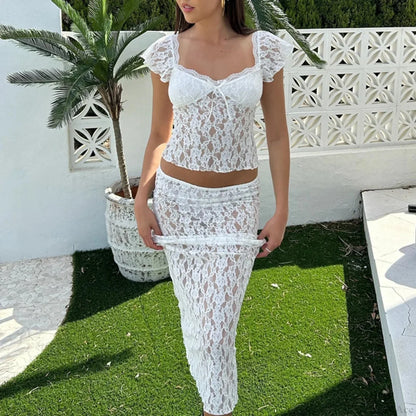 Floral Lace See-Through Short Sleeve Crop Top Long Skirt Two Pieces Set