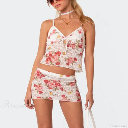 Floral Lace V Neck Spaghetti Strap Crop Top Mini Pencil Skirt Two Pieces Set