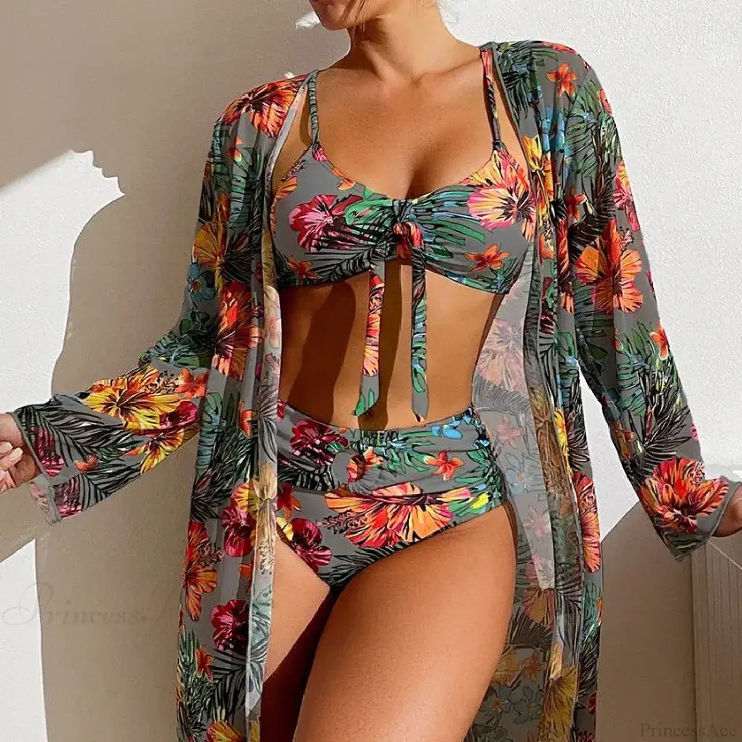 Conjunto de dos piezas de blusa de malla floral y sujetador