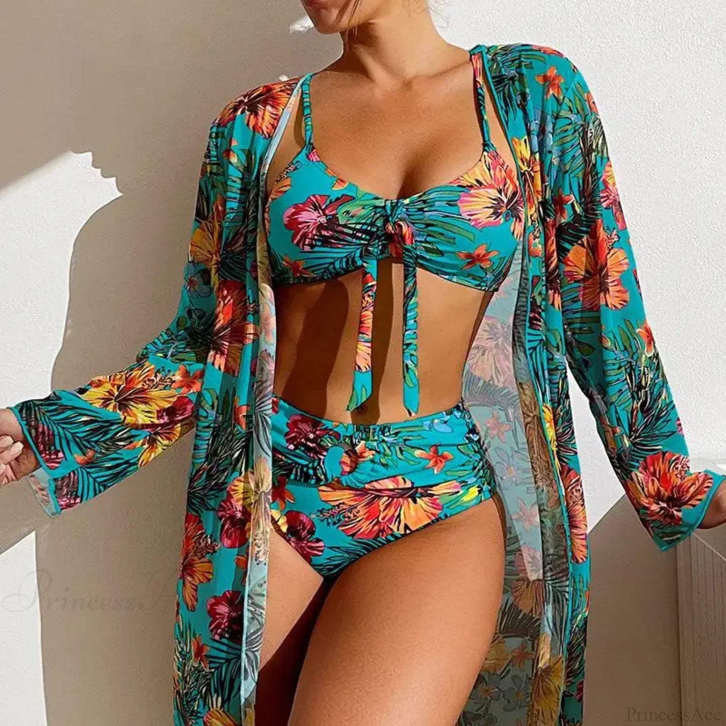 Conjunto de dos piezas de blusa de malla floral y sujetador