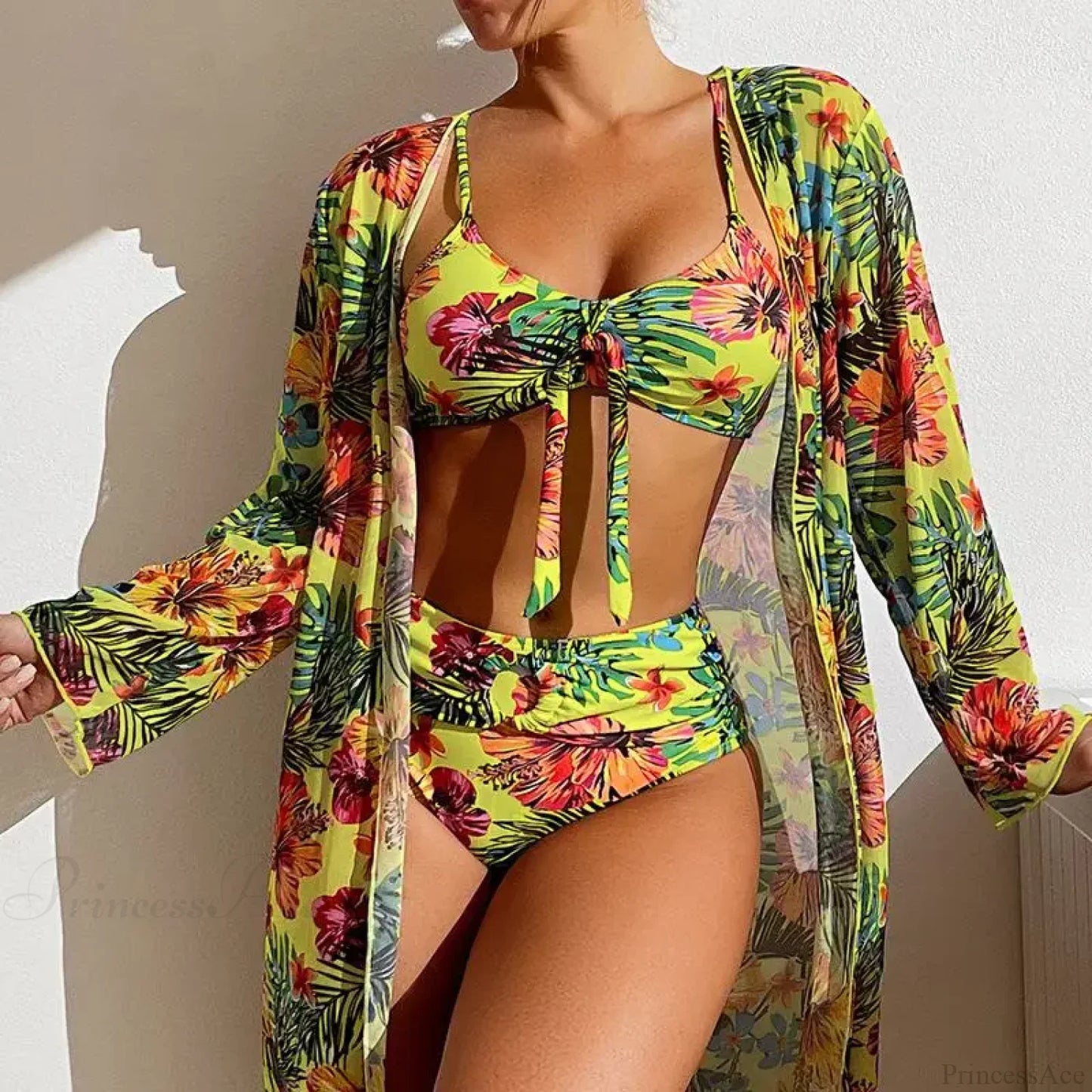 Conjunto de dos piezas de blusa de malla floral y sujetador