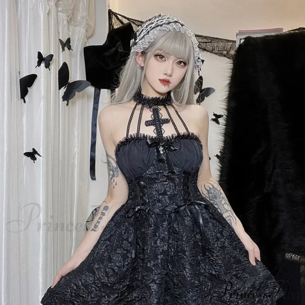 Floral Mini Y2K Lace Up Sexy Backless Halter Lace Sleeveless Jacquard Luxury Fairy Bodycon Dress