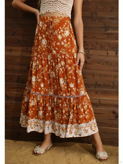 Floral Pleated Boho A-Line Rayon Maxi Skirt