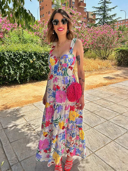 Floral Print A-line Backless Maxi Floral Dress