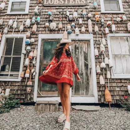 Floral Print Batwing Sleeve O-neck Summer Boho Dress