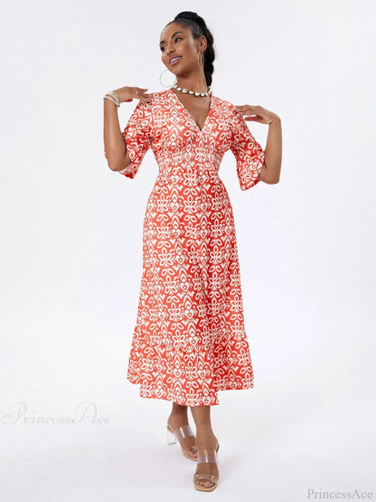 Floral Print Beach Midi Casual Flare Sleeve A-Line Ruffled Floral Dress
