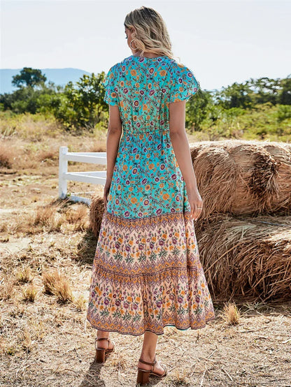 Floral Print Button V-neck Pleated Rayon Beach Maxi Boho Dress