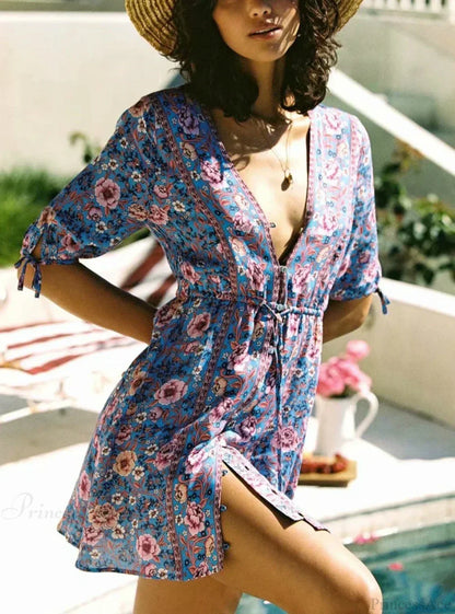 Floral Print Lace-up Front Button Mini Summer Boho Dress