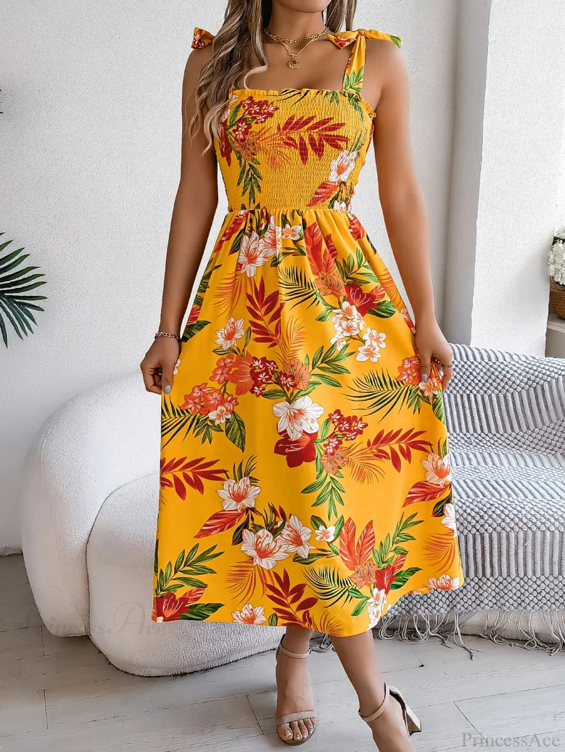 Floral Print Lace-up Sleeveless Vacation Floral Dress
