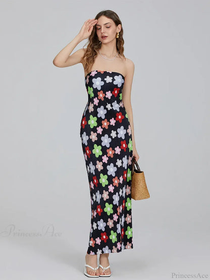 Floral Print Off-Shoulder Bandeau Pleated Tube Top Backless Party Dress