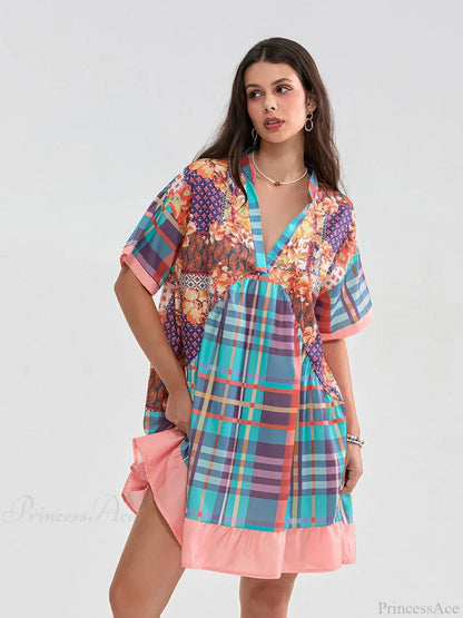 Floral Print Patchwork Flowy V-neck Loose A-Line Mini Floral Dress