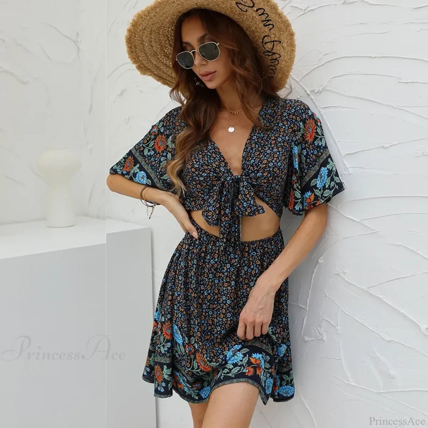 Floral Print Rayon Cotton Deep V-neck Hollow Out Mini Boho Dress