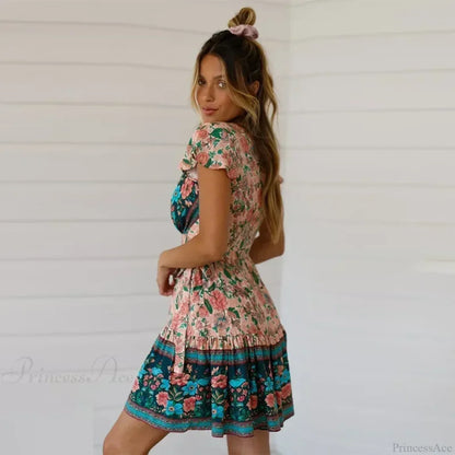 Floral Print Rayon Wrap Short Sleeve Sexy Vacation Mini Boho Dress