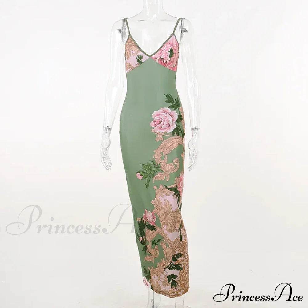 Floral Print Suspender V-neck Maxi Chic Female Beach Party Club Bodycon Dress