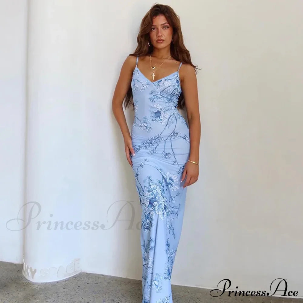 Floral Print Suspender V-neck Maxi Chic Female Beach Party Club Bodycon Dress
