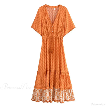 Floral Print Tassel V-neck Rayon Cotton Maxi Boho Dress