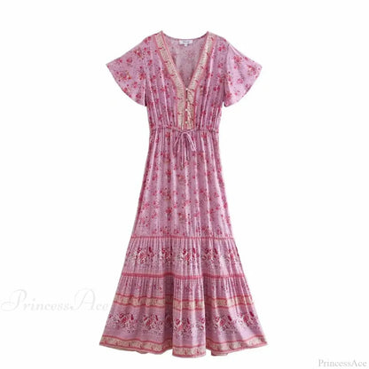 Floral Print V-neck Button Pleated Rayon Boho Dress