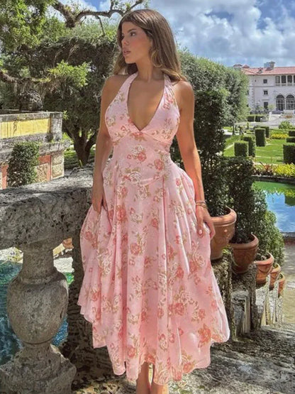 Floral Print Waist Wrap A-line Vacation Dress