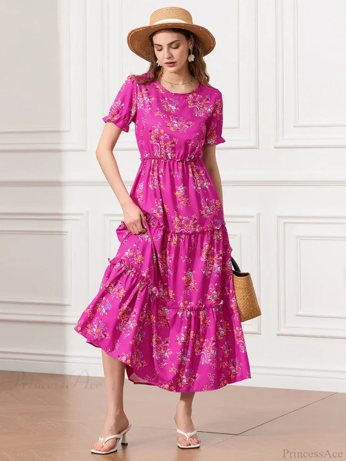 Floral Ruched Tiered Puff Sleeve Pleated Flowy Long Floral Dress