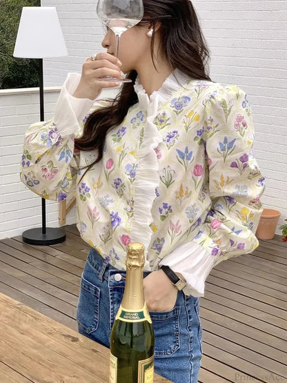 Floral Ruffled Flare Sleeve Blouse