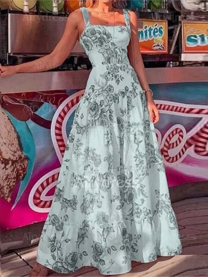 Floral Spaghetti Strap High Waist Maxi Dress