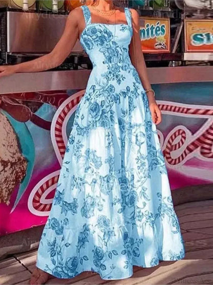 Floral Spaghetti Strap High Waist Maxi Dress