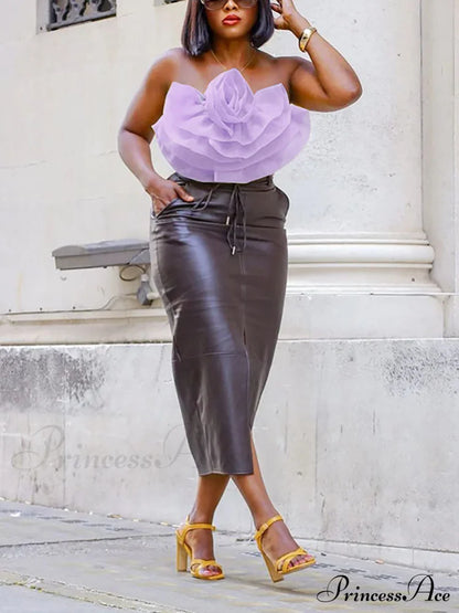 Floral Tie Strap Sheer Lace Mesh Sophisticated Scalloped Crop Tube Top - Lilac