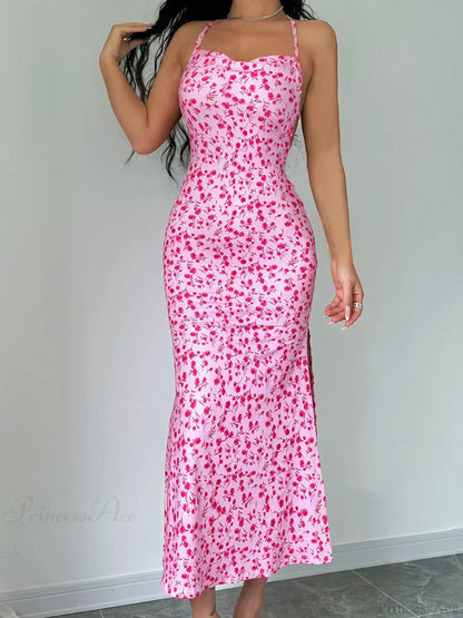 Floral Tied Backless Halter Split Floral Dress