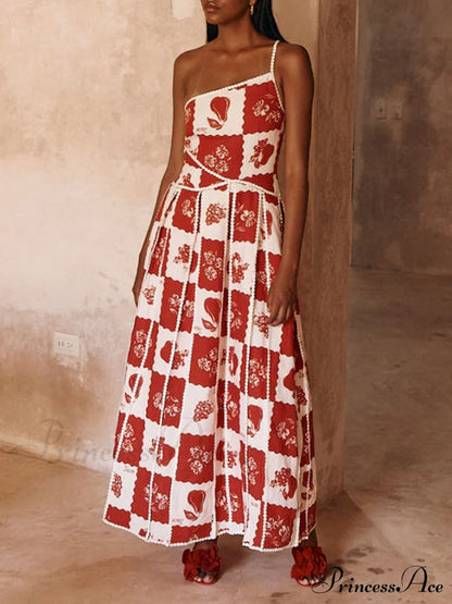Floral Trim Unique Printed Graceful One Shoulder Flared Maxi Dress