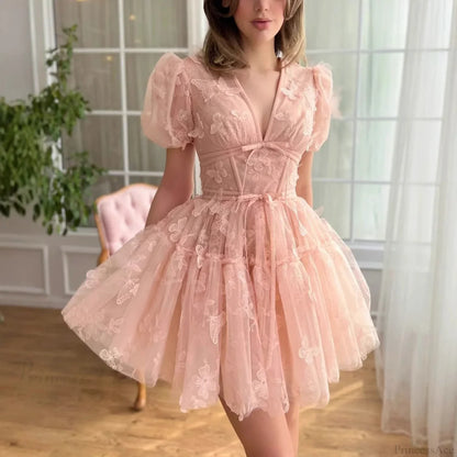 Floral V-Neck Short Wedding Dress