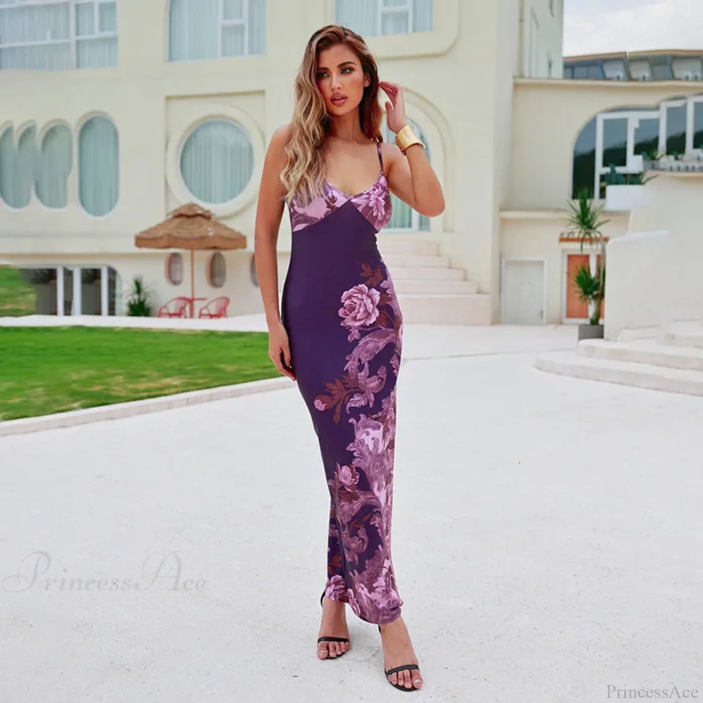 Floral V-neck Slim Maxi Floral Dress