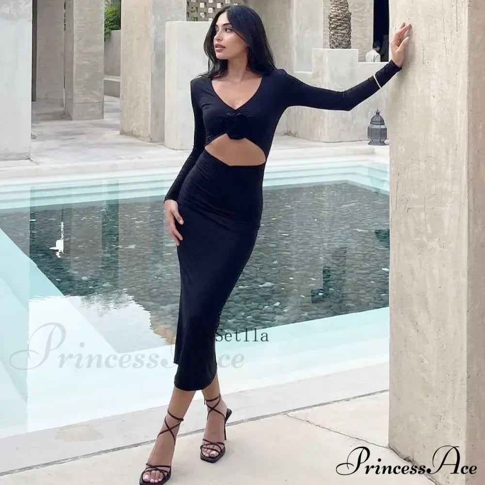 Florale Cut Out Long for Women Long Sleeve Sexy Sexy Midi Dress