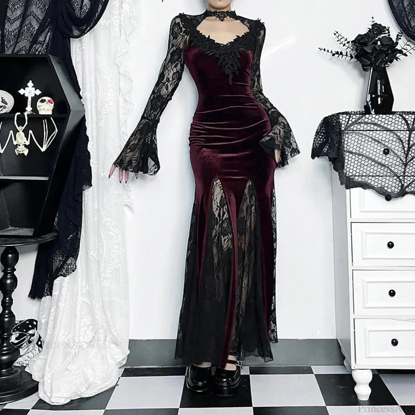 Flower Lace Mesh Transparent Long Dress