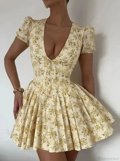 Flower Print Deep V-Neck Mini Dress