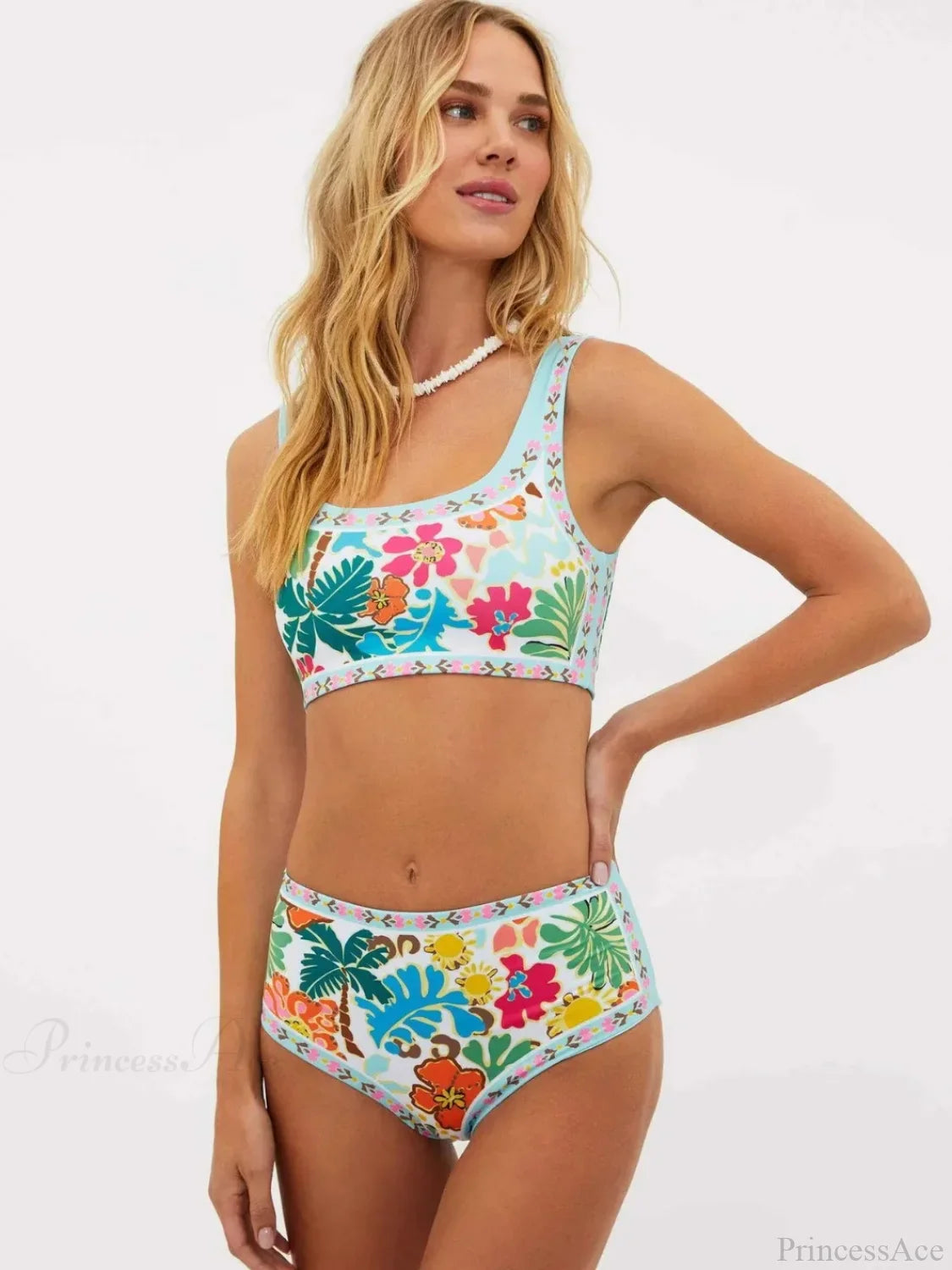 Conjunto de bikini de dos piezas de talle alto con estampado de árbol y flores