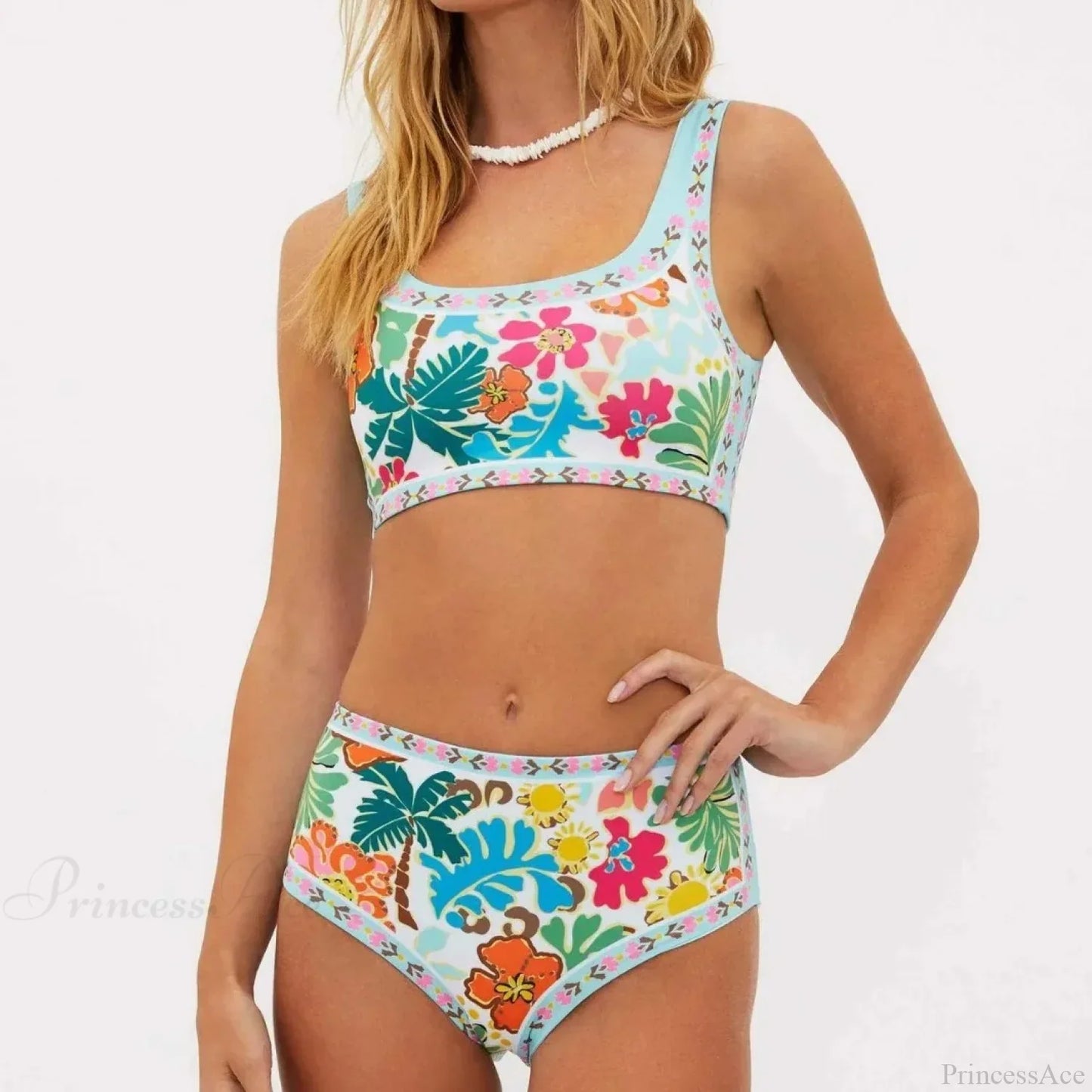 Conjunto de bikini de dos piezas de talle alto con estampado de árbol y flores