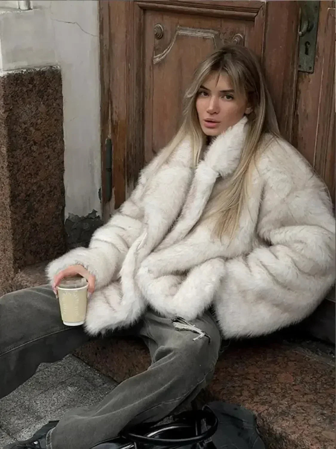 Fluffy Faux Fur Lapel Short Overcoat