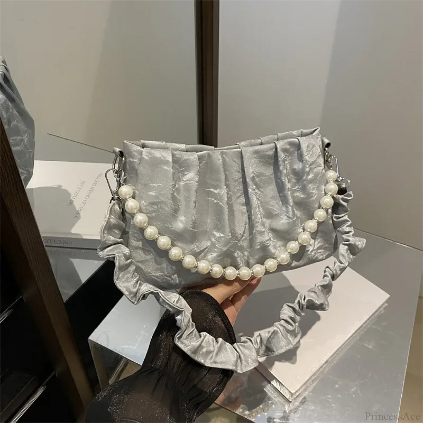 French Beaded Chain Pleated Underarm Crossbody Handbag